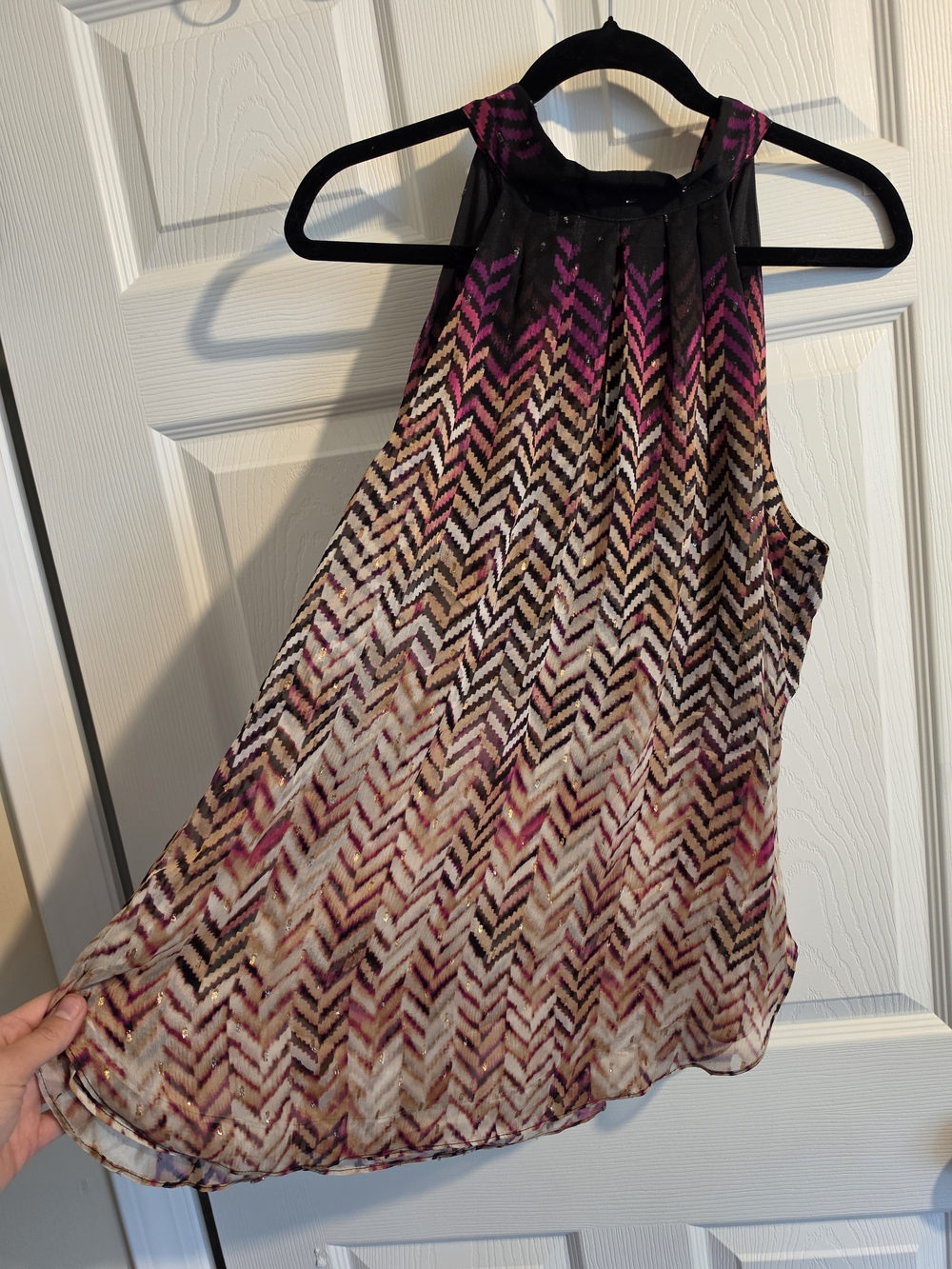 White House Black Market Pink, Black and Cream Chevron Halter Blouse